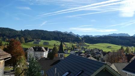 Aussicht auf das Appenzellerland Rund um Gais öffnen sich immer wieder schöne Ausblicke auf die hügelige Landschaft des Appenzellerlandes. Bei guter Sicht reicht der Blick weit über Wiesen, Hügel und die umliegenden Dörfer. Ein schöner Moment, um kurz innezuhalten und die Landschaft zu geniessen.