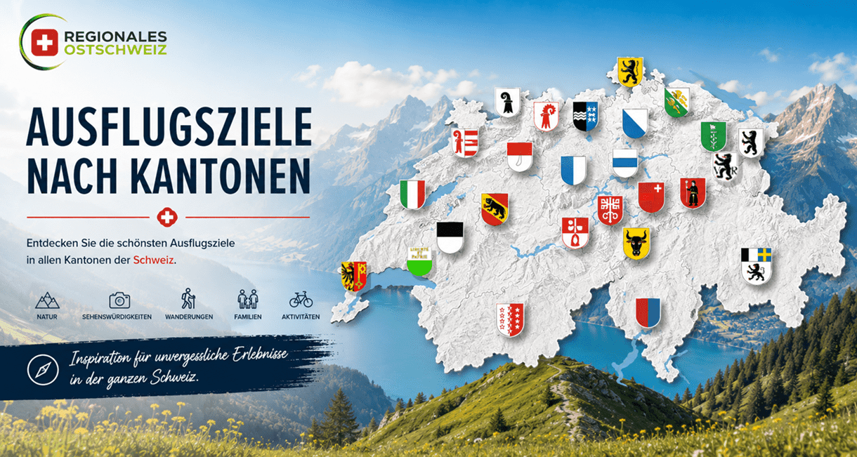 Banner von Regionales Ostschweiz mit Schweizerkarte und den 26 Kantonswappen vor einer alpinen Landschaft. Überschrift: «Ausflugsziele nach Kantonen». Hinweis auf Ausflugsziele in allen Kantonen der Schweiz sowie Kategorien Natur, Sehenswürdigkeiten, Wanderungen, Familien und Aktivitäten.