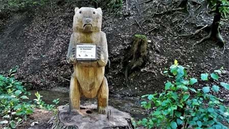 Entlang des Weges begegnen dir immer wieder neue Holzfiguren – unter anderem ein Bär, eine Eule, eine Schnecke und ein Fuchs. Auch ein Holzsessel mit Herz und fantasievolle Pilze gehören zur kleinen Waldwelt.