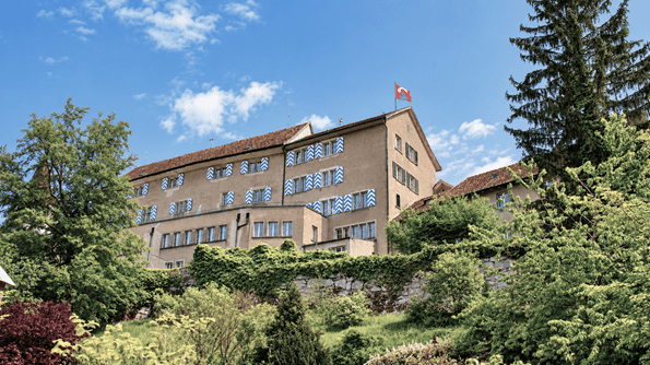 Historisches Gebäude in Regensberg mit blau-weiss gemusterten Fensterläden und Schweizer Flagge, umgeben von einer begrünten Hangmauer und üppiger Vegetation.