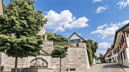 Historischer Dorfbrunnen mit kunstvoller Steinmetzarbeit im mittelalterlichen Regensberg. Gepflasterte Gassen, traditionelle Fachwerkhäuser und der markante Wehrturm prägen das Ortsbild des historischen Landstädtchens im Zürcher Unterland.