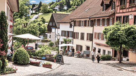 Historische Gassen von Regensberg mit gepflasterter Strasse, traditionellen Fachwerkhäusern, farbigen Fensterläden und gemütlichen Aussenterrassen. Das mittelalterliche Ortsbild lädt zum Flanieren und Verweilen ein.