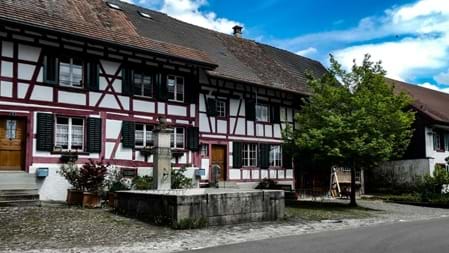 Stammheim Wer nach Stammheim kommt, entdeckt eine Landschaft, die Ruhe und ländlichen Charme verbindet. Besonders schön ist ein Spaziergang durch die Dörfer mit ihren gut erhaltenen Riegelhäusern und alten Häusern. Rundherum führen Wege durch Felder, Rebberge und Wiesen. Ein gemütlicher Ausflug, bei dem man sich Zeit lassen und die besondere Atmosphäre des Zürcher Weinlands geniessen kann.